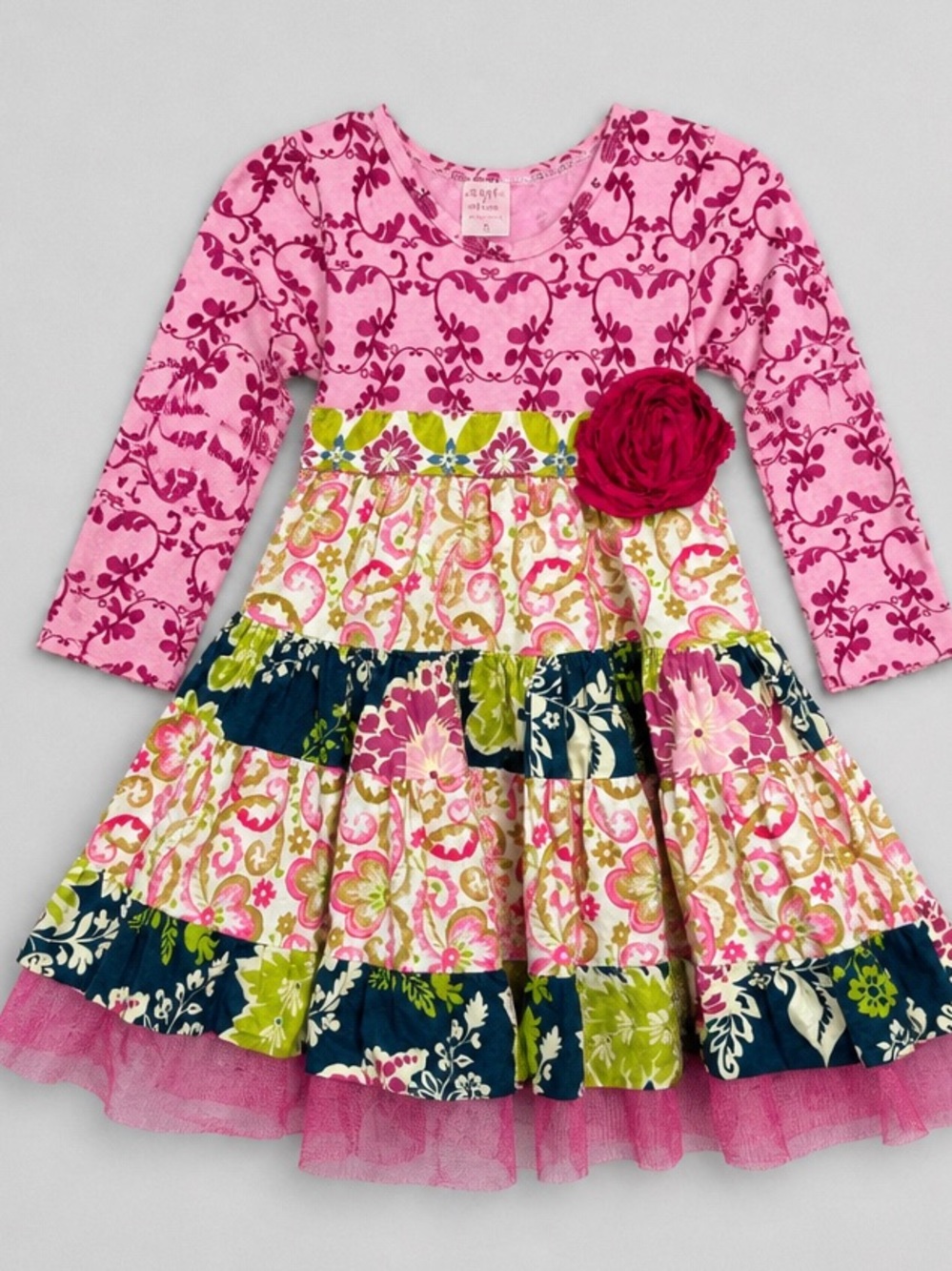 Giggle Moon Pink & Navy Floral Tiered Dress with Rose Detail 3T